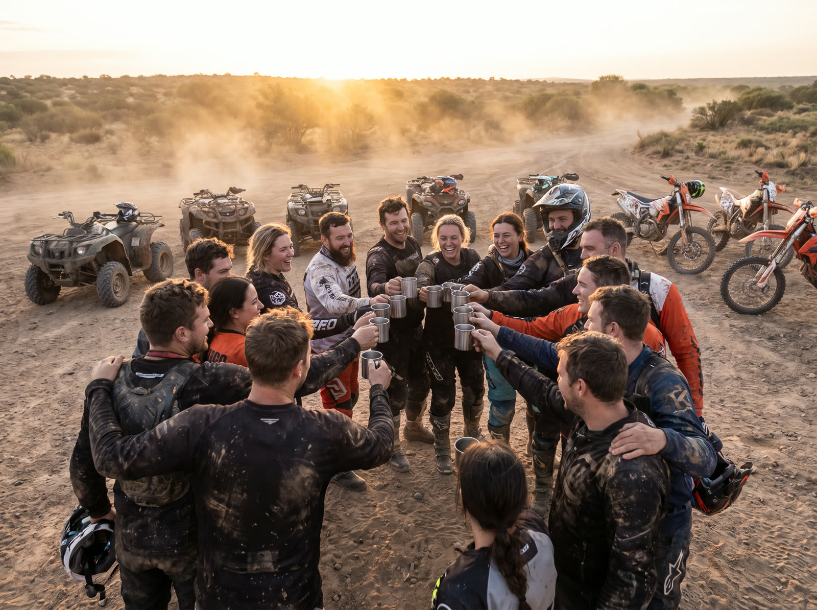 A group of off-road riders celebrating together at DustDemon Track at dusk