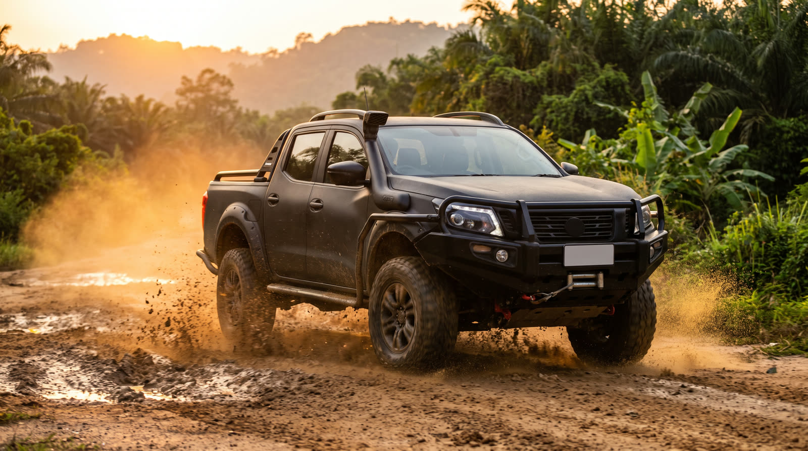 A modified 4x4 pickup truck kicking up dust and mud on the DustDemon off-road circuit at golden hour