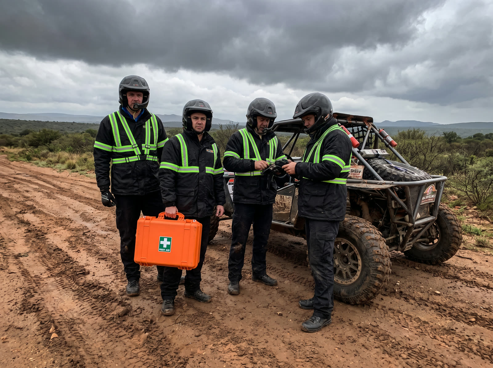 DustDemon Track's rescue and safety crew standing ready beside a rally buggy