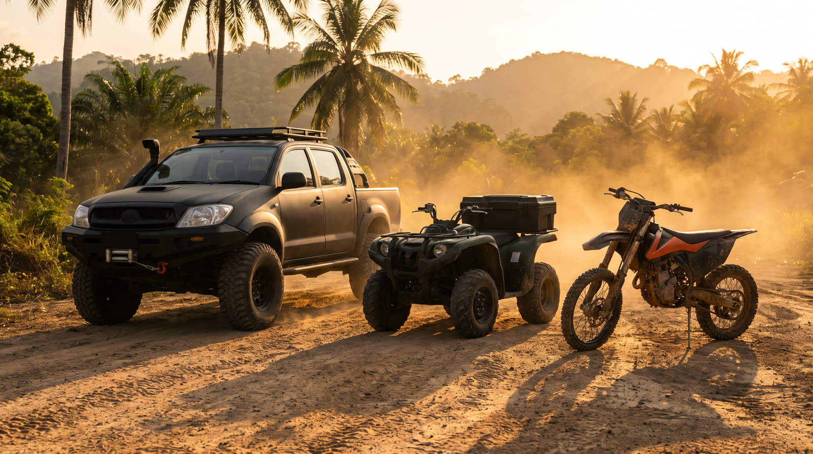 DustDemon Track's three off-road vehicle categories: a 4x4 pickup, a quad bike, and a motocross bike lined up at golden hour
